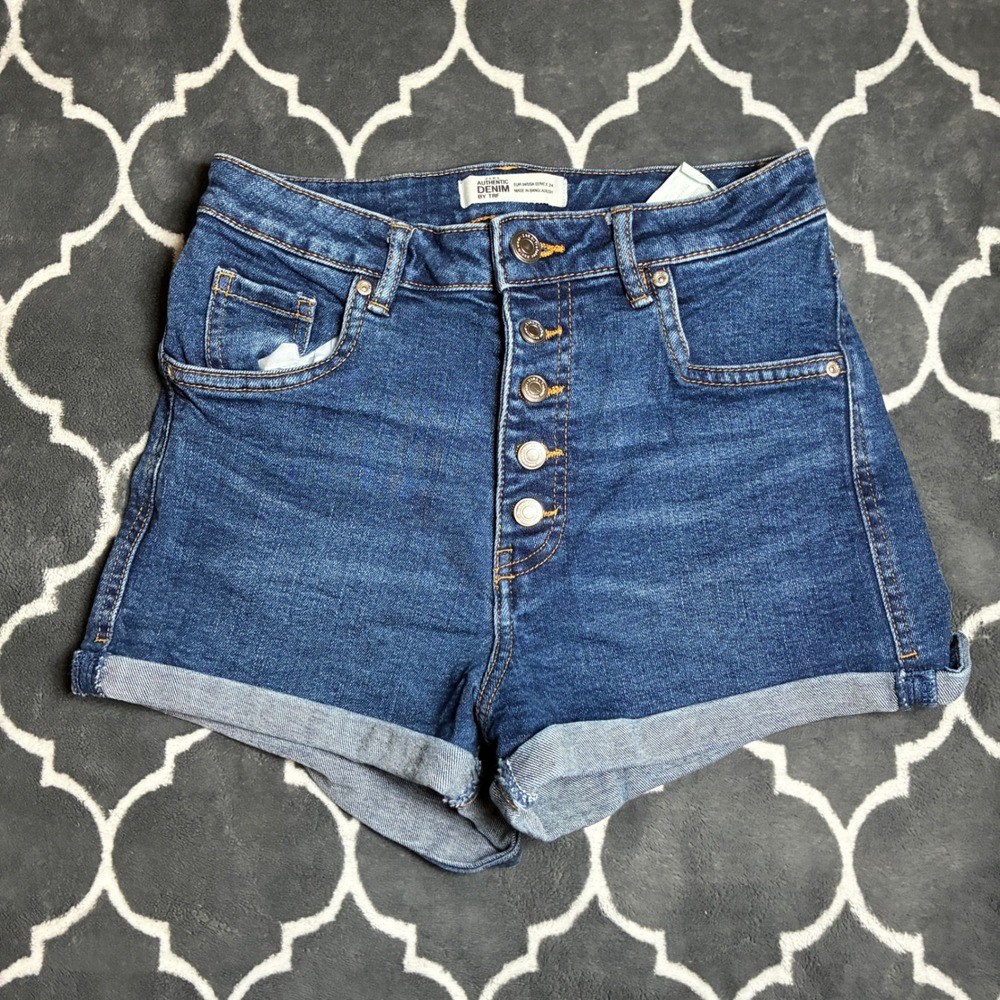 Zara Trafaluc Womens High Waisted Denim Shorts Button Fly Cuffed Blue Size 24